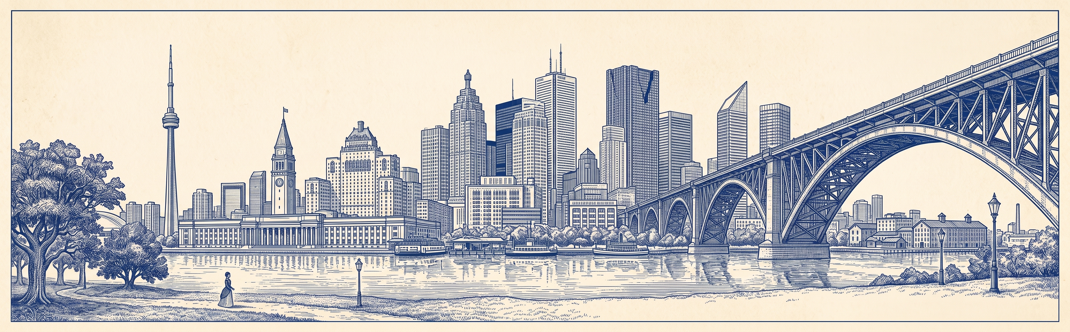 Blue-ink architectural illustration combining Toronto and New York skylines along a waterfront and arched bridge.
